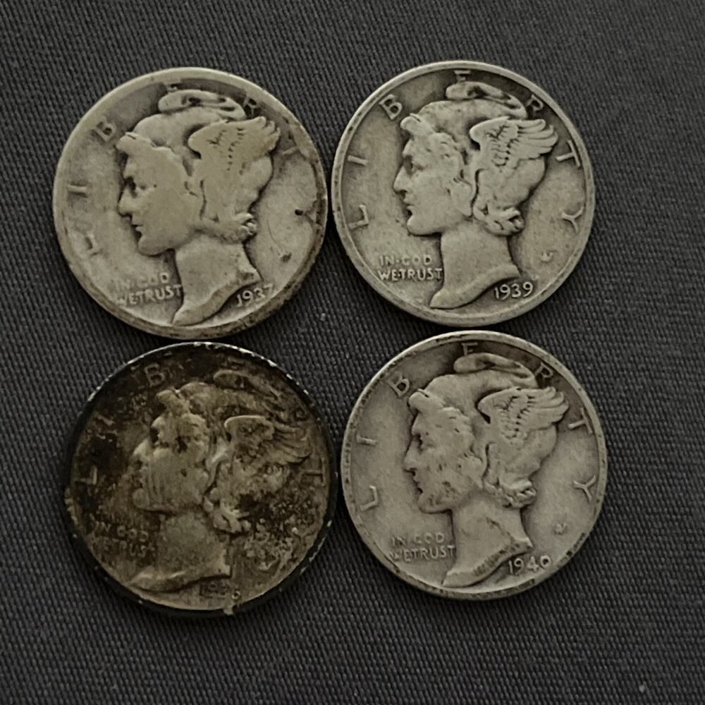 4 US Coin 1937,1936,1939,1940 Mercury .10Ten Cent Dime 90% Silver Circulated